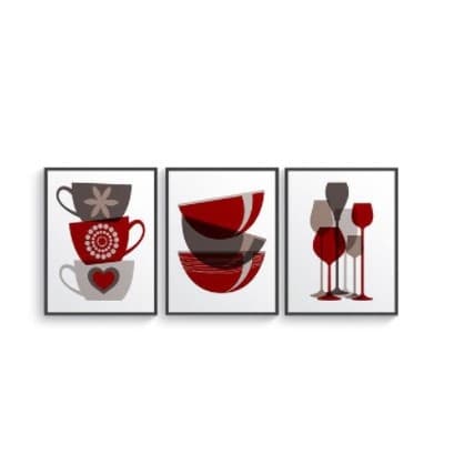 Kit Quadros Decorativos Mosaico 3 Peças Cozinha Cantinho do Café Vinho Minimalista Vermelho Cozinha