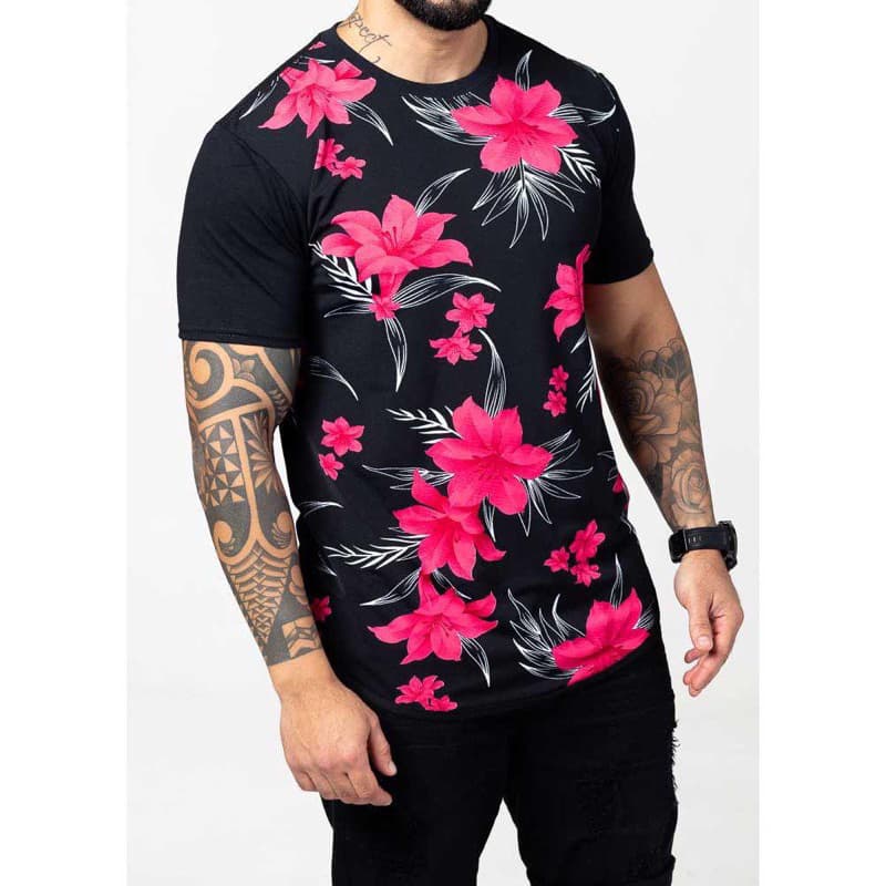 Camisetas long line masculino floral estampato otima qualidade plus size