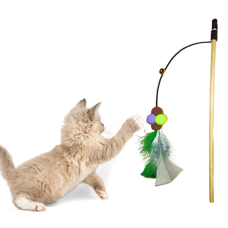 Varinha interativa de gato c/penas e pompom colorido divertido brinquedo gato