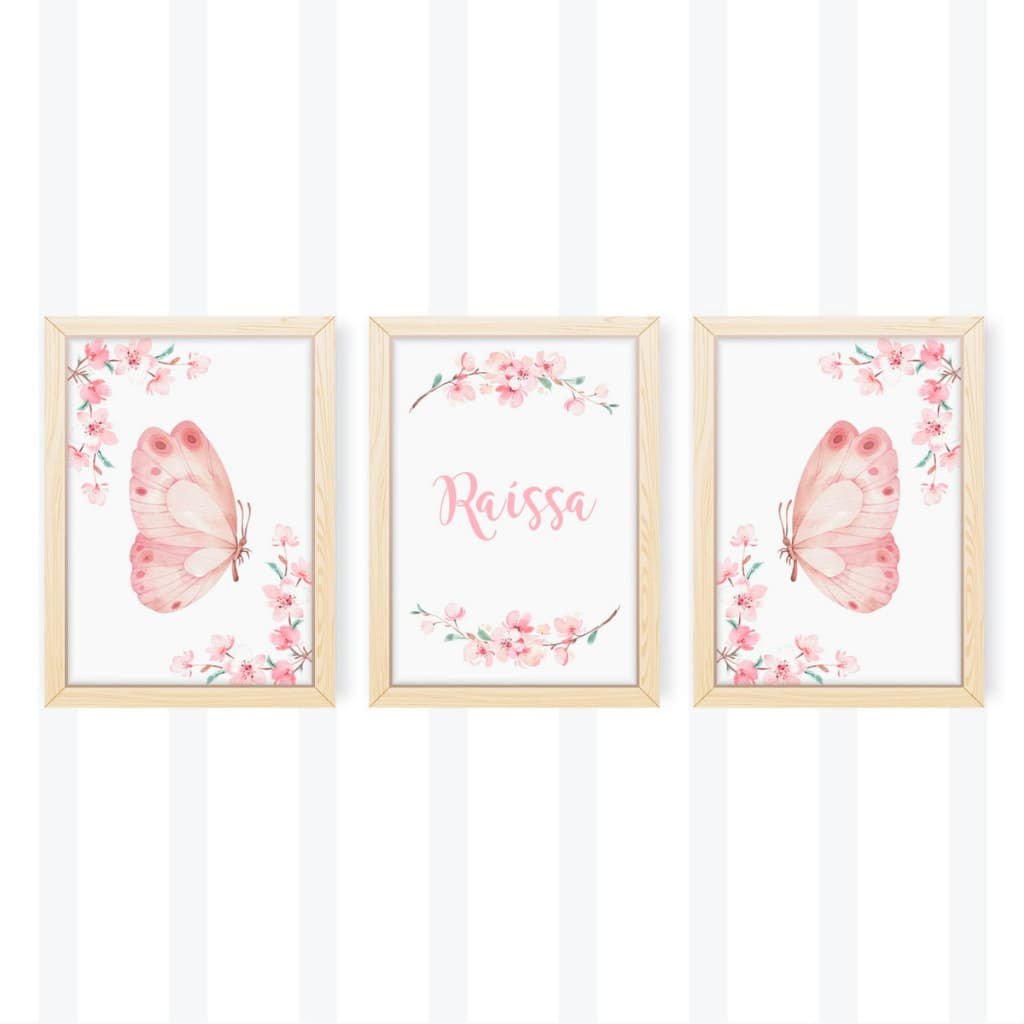 Kit 3 Quadros Infantil Bebê Borboletas Jardim Encantado
