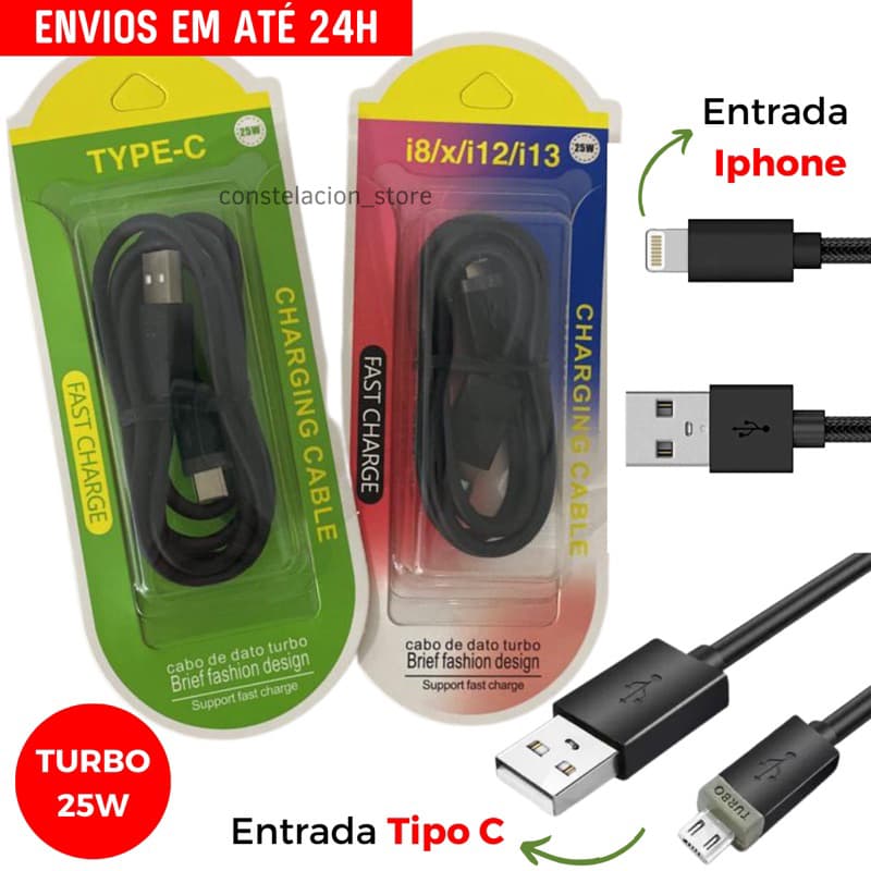 Kit 5 10 ou 15 Cabo carregador USB 25W Tipo C ou Iphone Fast charge 1 metro + Nota fiscal