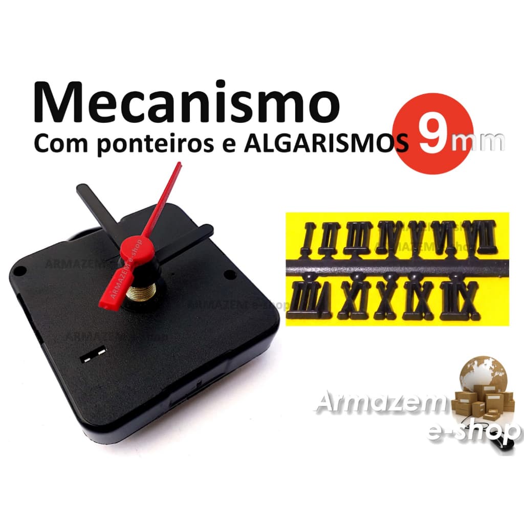 1 Mecanismos Relógio Parede Eixo Longo 22mm COM PONTEIROS E NUMEROS MODELO ROMANO DE TAMANHO PEQUENO
