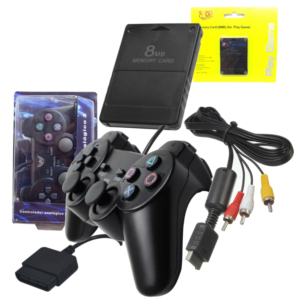 Kit de Acessórios Para Console Ps2 Controle + Cabo Av Playstation2 Joystick Manete