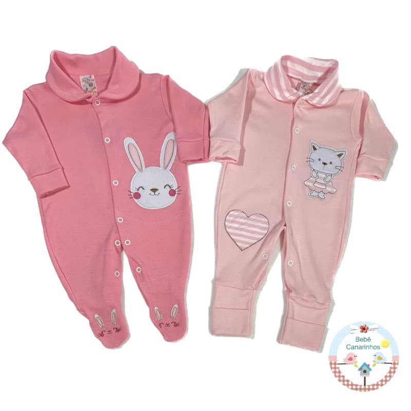KiT 2 Macacões Bebê Menina Coelha e Gata 100% Algodão Suedine Pé Redondo e Reversível P M G .