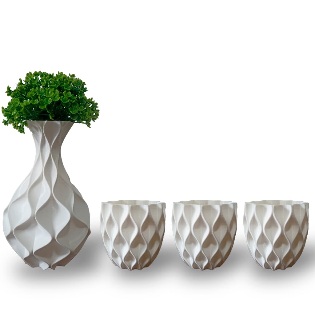 Kit Vaso Ondulado 18 cm + Planta Artificial Pick + 3 Cachepots Decoração Casa