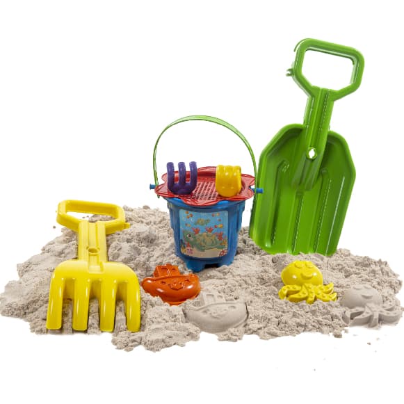 Kit 7 Brinquedos De Praia Com Pá E Rastelo Grandes - Balde, Peneira e Forminhas - Certificado Inmetro