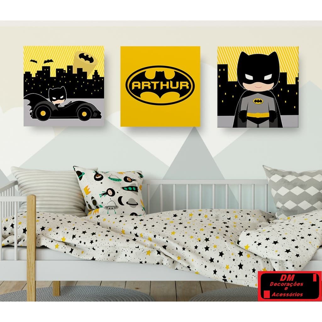 Quadros Infantil Batman Com Nome Personalizado 3 Peças 20x30 cm