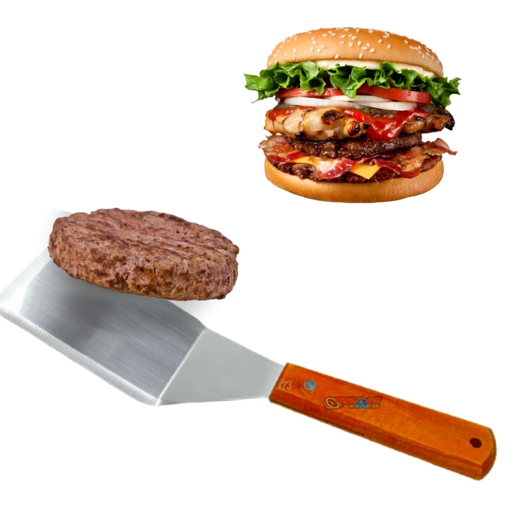 Espátula Curva Inox Profissional Cabo Madeira Hambúrguer Chapa Lanche Pizza Bolo Fatiador Cozinha