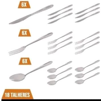 kit com 18 talheres em inox, 6 garfos de mesa, 6 facas de mesa e 6 colheres de sopa