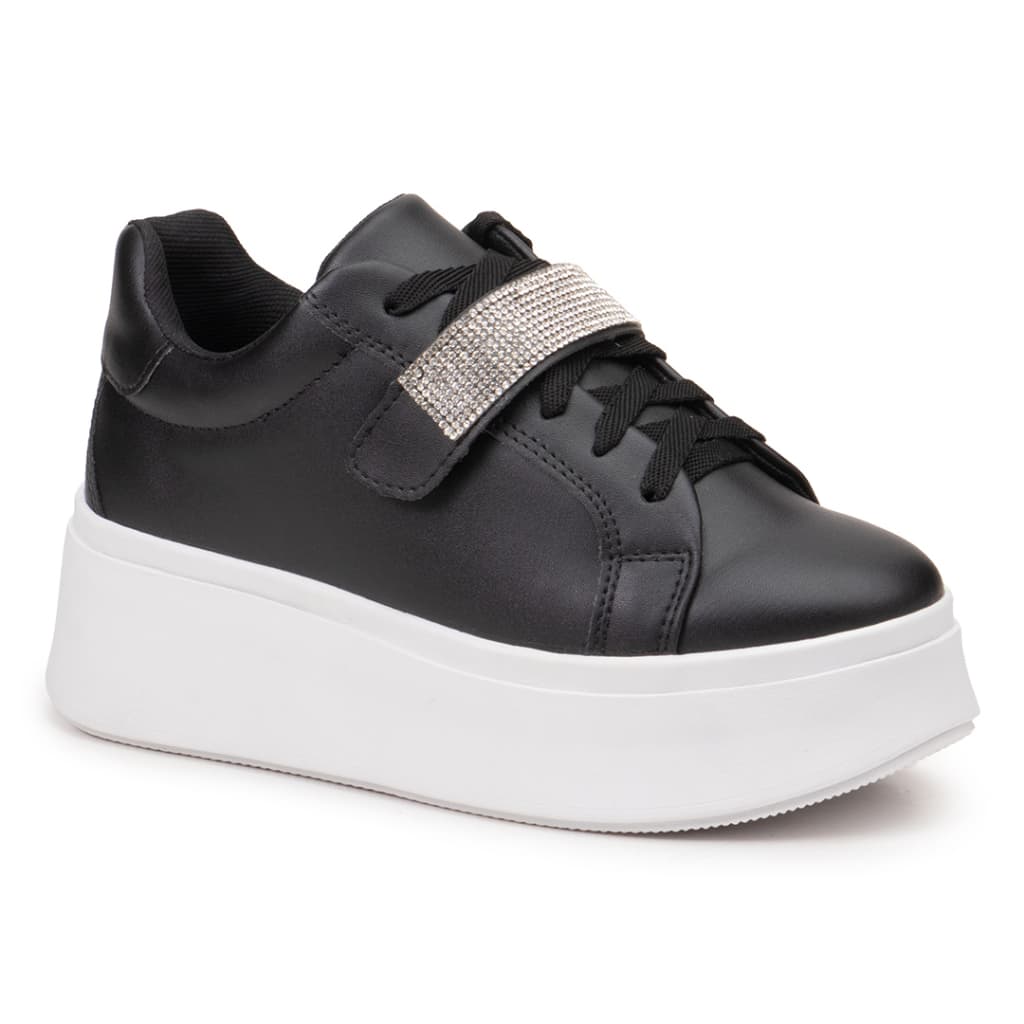Tênis Feminino Casual Preto Plataforma Sola Alta com Tira de Strass Removível Original Conforto
