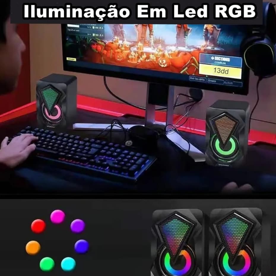 Caixa de Som Multimídia Gamer com LED Conexão via USB potente