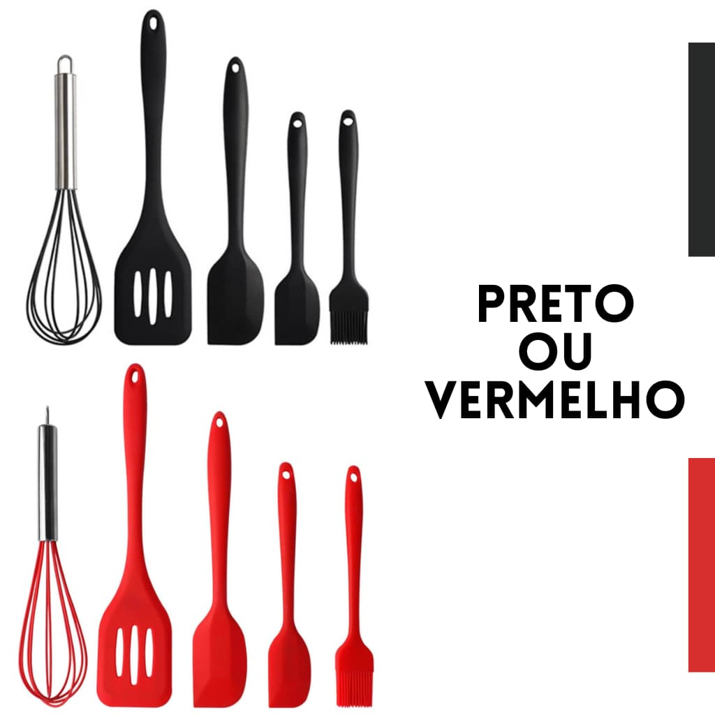 Jogo Conjunto Kit Colheres Espátulas Utensílios de Cozinha Silicone e Inox 5 Peças