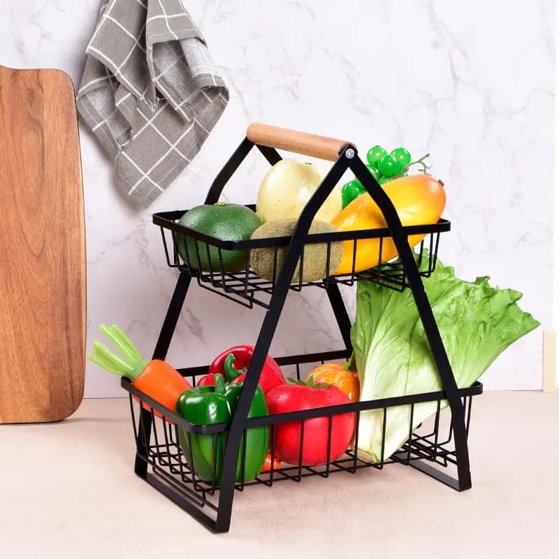 Fruteira De Mesa 2 Andares Cesto Organizador Frutas Legumes em metal COR PRETA