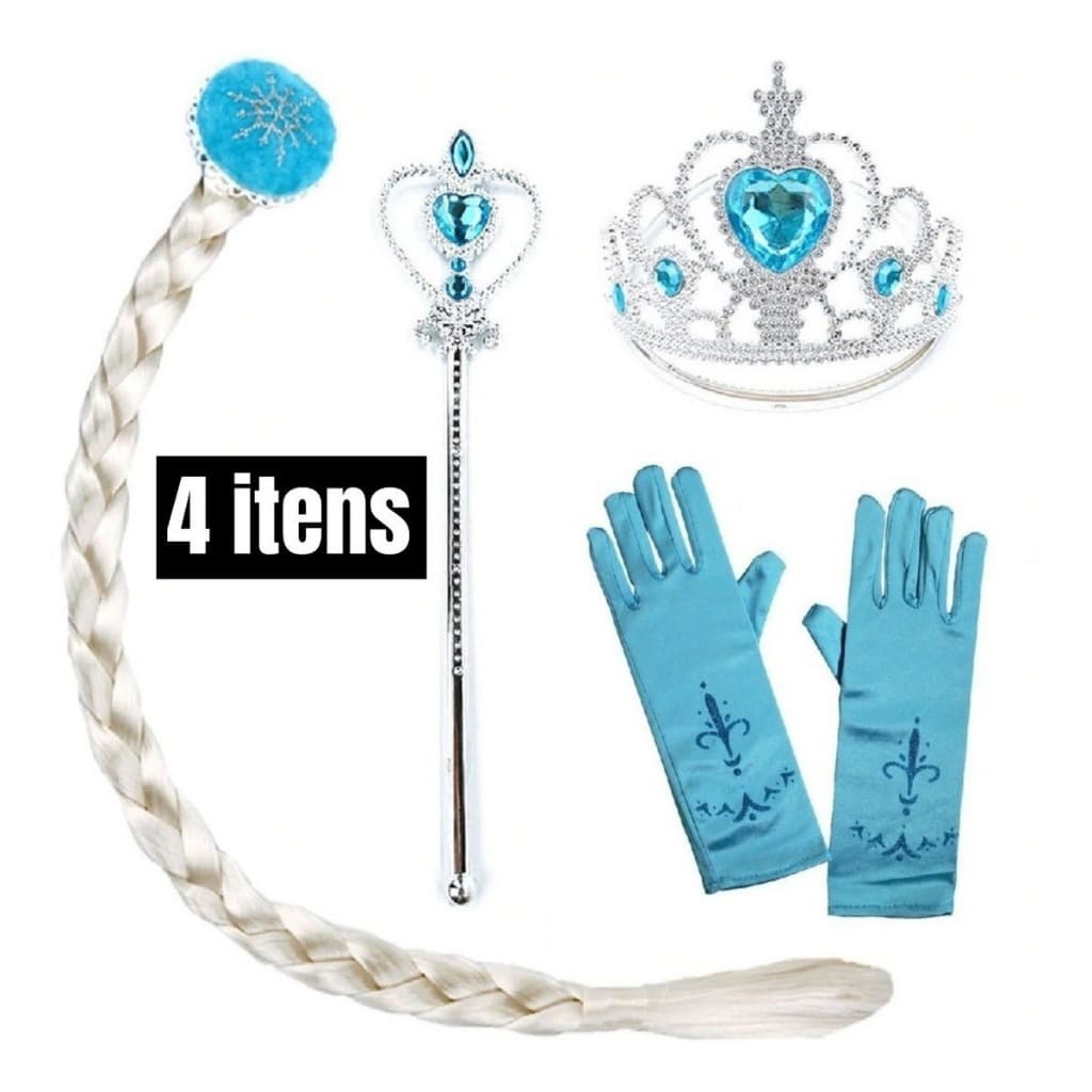 Kit Frozen Elsa Acessórios C/ Trança, Luvas, Coroa E Varinha Cor Azul