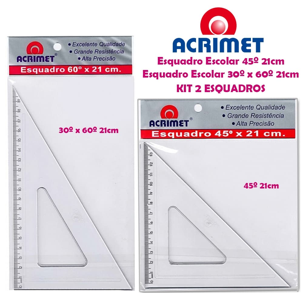 Esquadro Acrílico 30º x 60º - 45º 21cm Acrimet Kit/Un Escolar Transparente Cristal