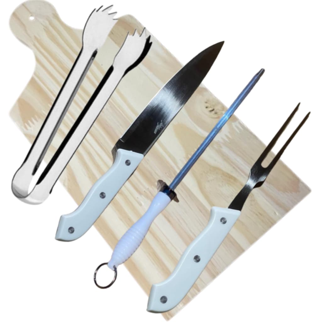 Kit Churrasco Com 5 Peças Aço Inox Tabua Garfo Faca Chaira Pegador