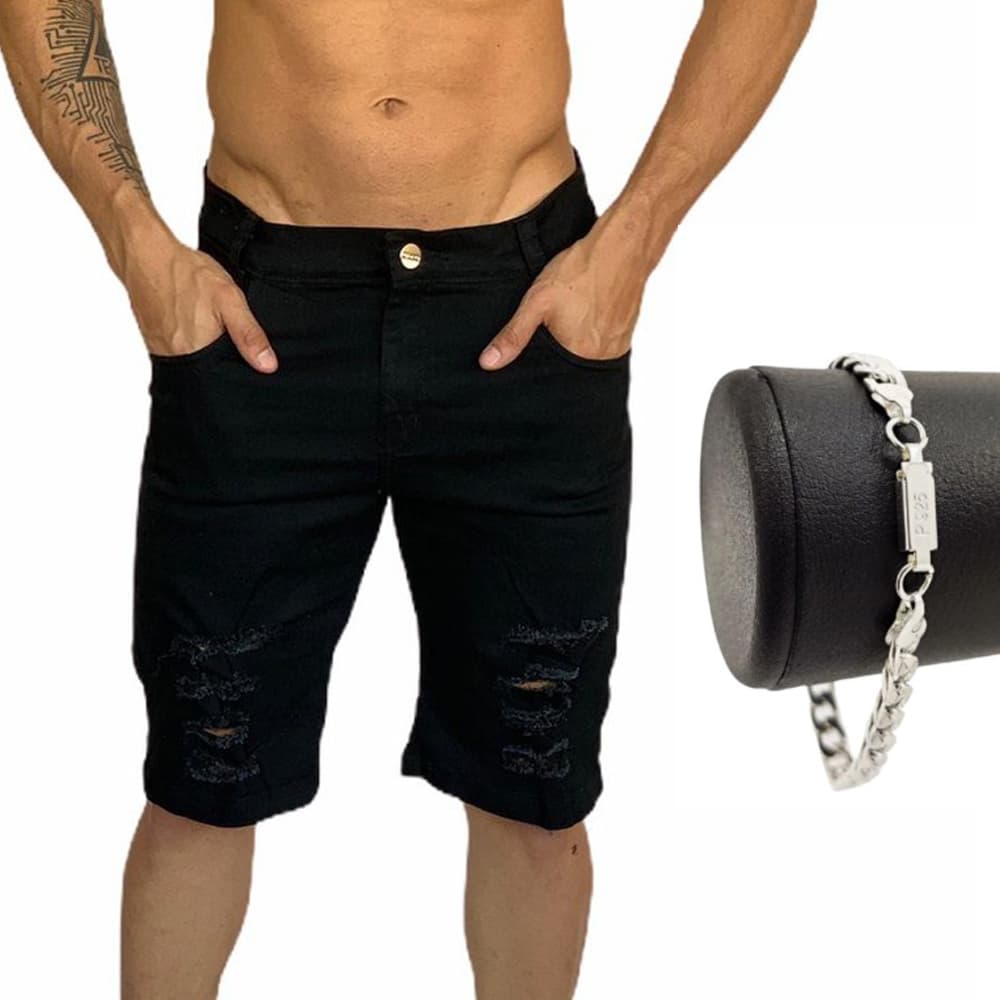 bermuda preta jeans masculina rasgada desfiada + pulseira prata masculina