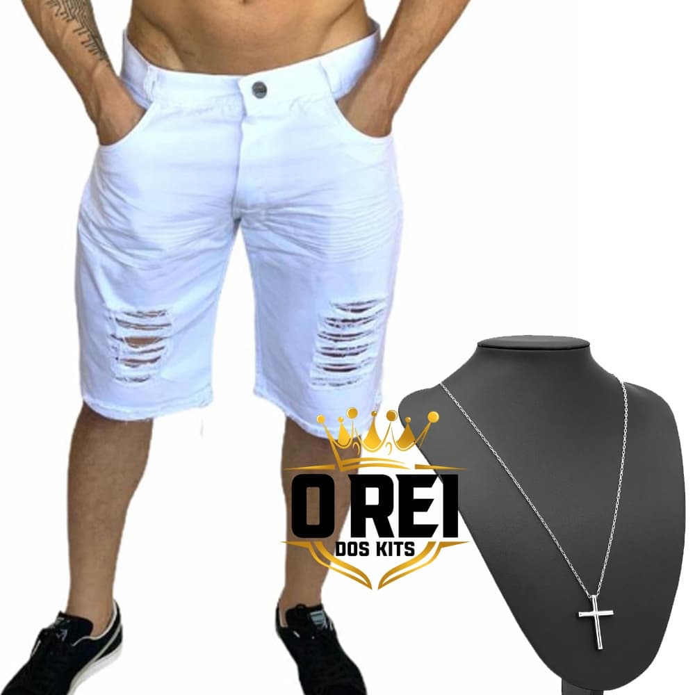 Bermuda Jeans Branca Rasgada Masculina + Corrente Pingente Cruz Prata