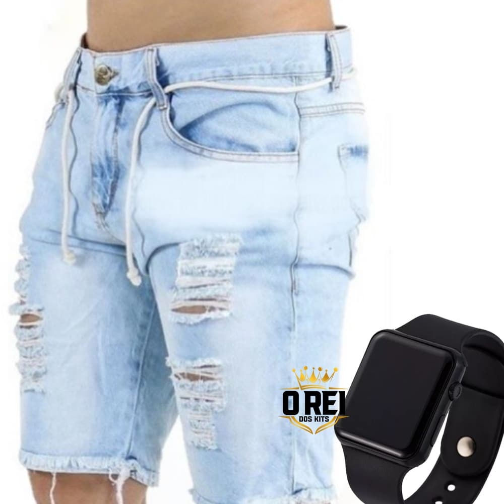 Conjunto bermuda jeans clara rasgada + relogio digital led envio imediato