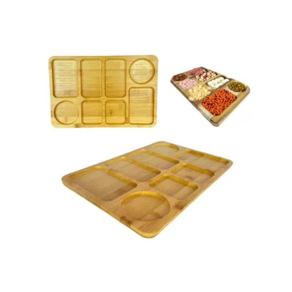 Petisqueira Bambu Natural Tábua Aperitivos Frios Queijo Churrasco 8 Divisórias
