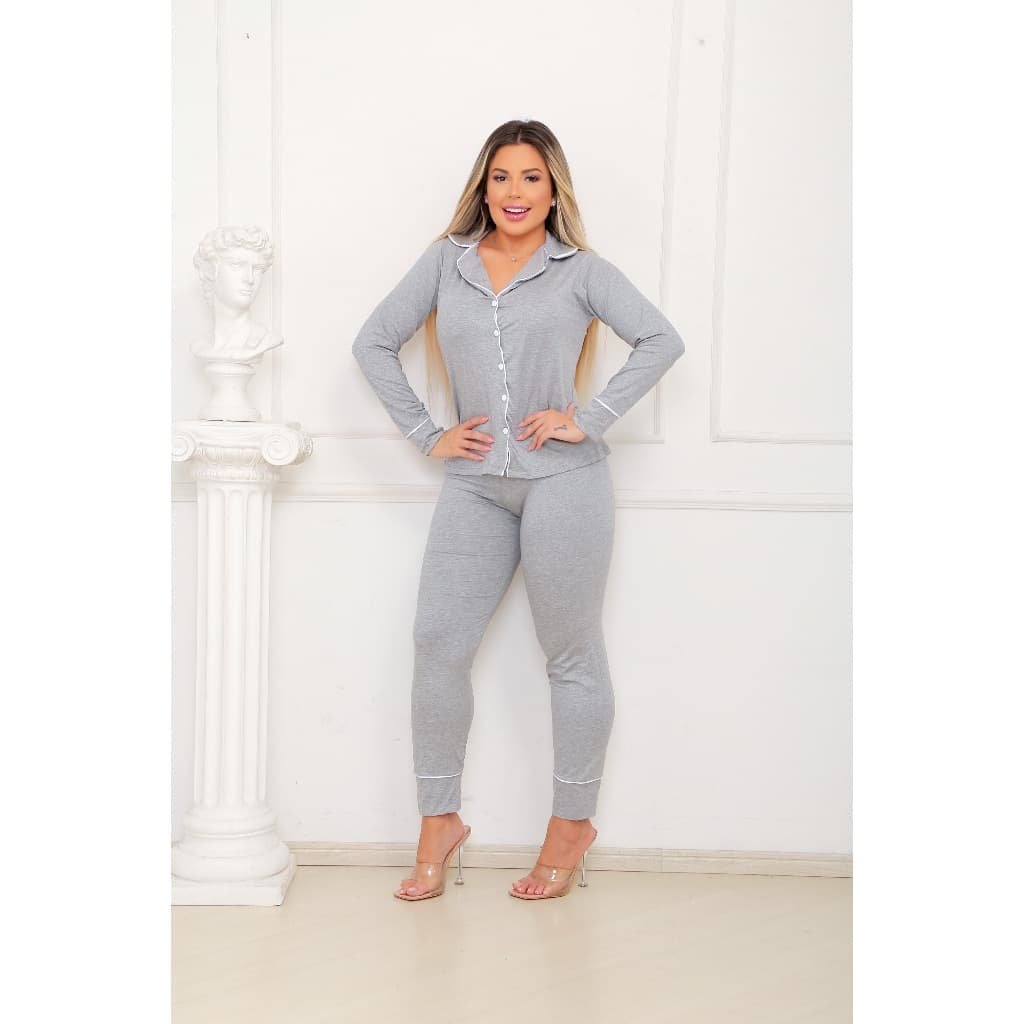 Pijama Feminino Adulto Longo De Botões Blogueirinha Comprido