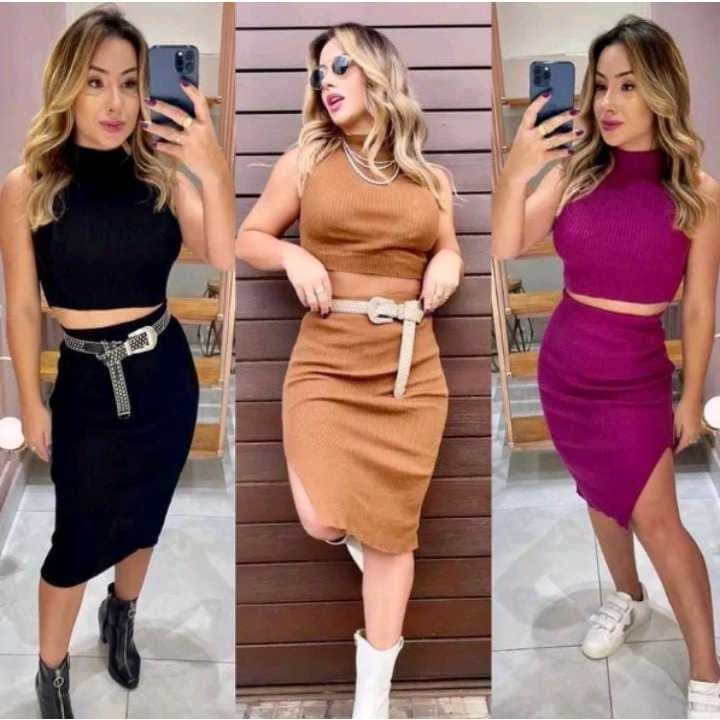 Conjunto Tricot Cropped com Saia Midi / Tricot Modal Canelado / Conjunto de Tricô / Envio 24Hrs