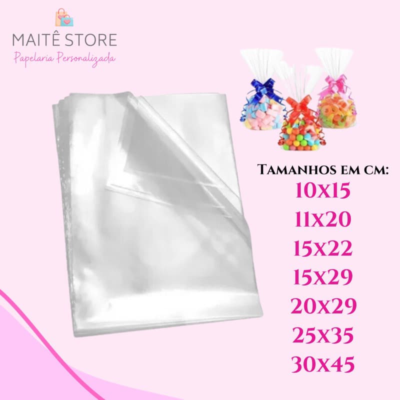 Saco de Celofane Incolor Transparente c/50 Unidades para presentes e lembrancinhas