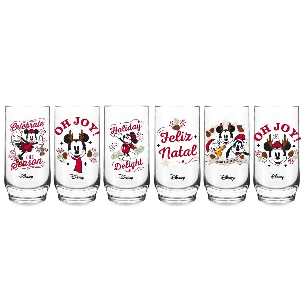 Kit 6 Copos Vidro Temático Mickey e Minnie 300ml Decoração Natal Mesa Posta Resistente Água Suco