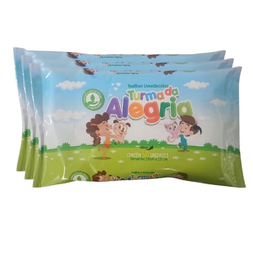 kit C/3 Toalhas Umedecidas Turma da Alegria com 50 Unidades