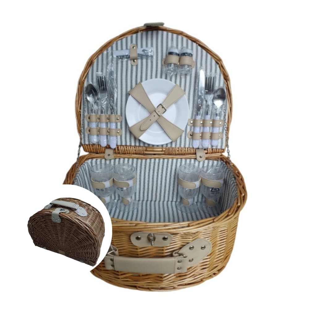 Cesta De Picnic Vintage Com Talheres Prato E Copos P/ 4 Pessoas - Formato Meia Lua