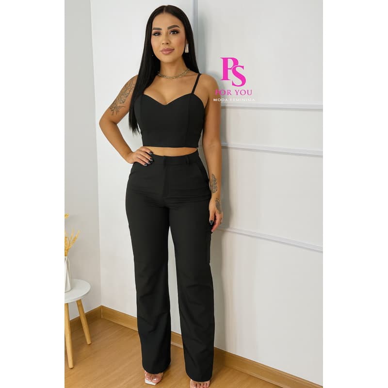 Conjunto Feminino Alfaiataria Calça Pantalona Cropped Com Amarração Elegante