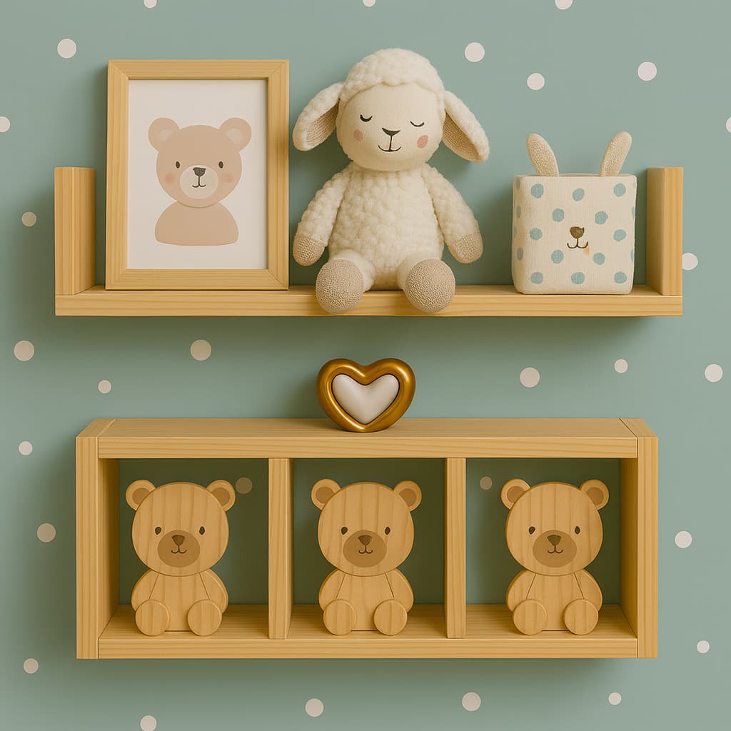 Conjunto Nicho + Prateleira para Quarto Infantil em Madeira Natural Pinus Ideal Para Decoração de Ambiente