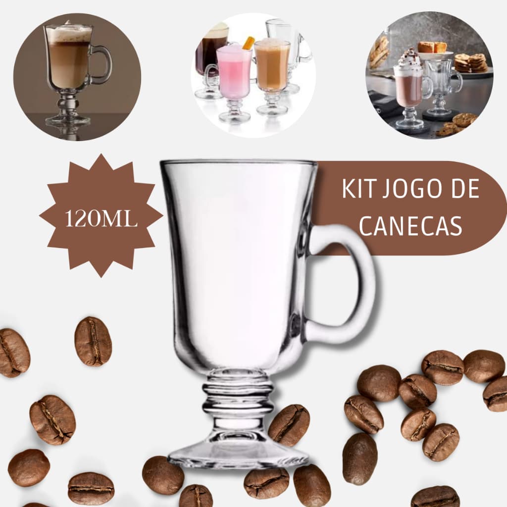Jogo Com 6 Peças Canecas Xícara 230ml Capuccino Nespresso Café Em Vidro Irish Coffee