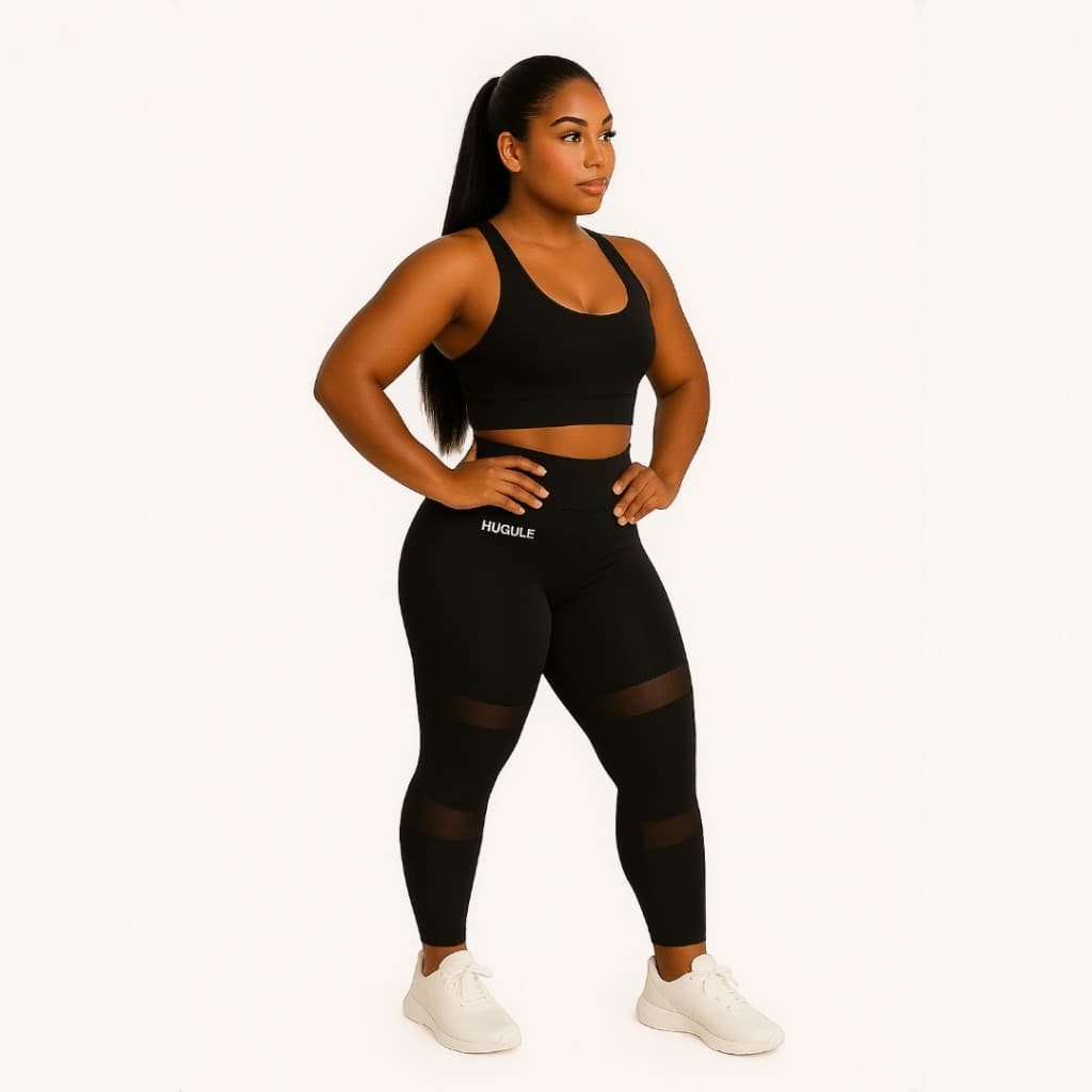 Conjunto De Calça  Academia em Poliamida Top Sem Bojo Legging Fitness Cintura Alta Detalhe em Tule