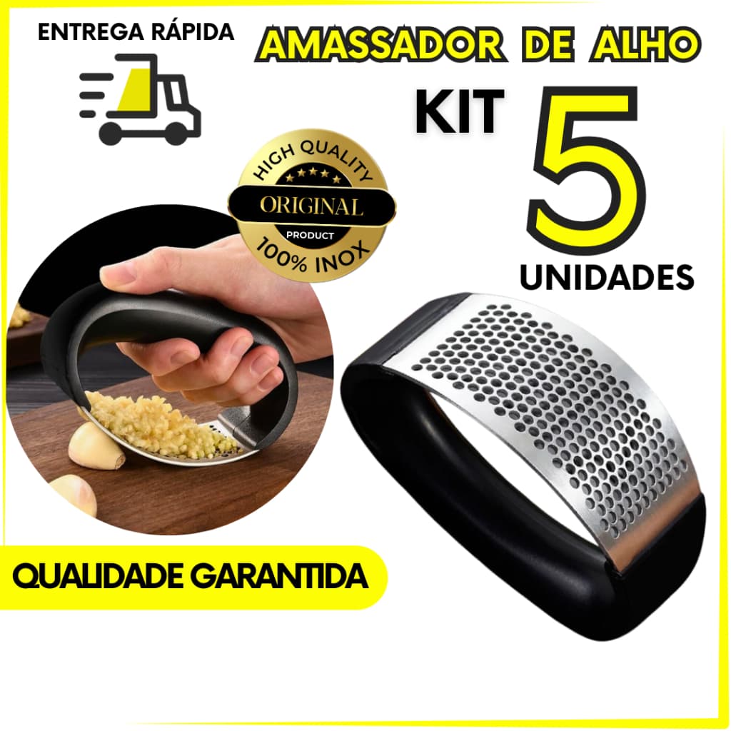 Kit 5 Amassador De Alho Triturador Inox Espremedor De Alho Para Cozinha Restaurantes Lanchonete Casa