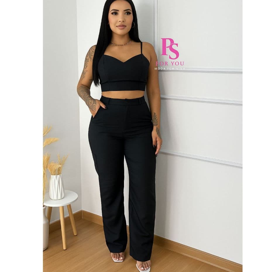 Conjunto Feminino Cropped E Calça Pantalona Linho Casual Elegante Chic Moda Verão