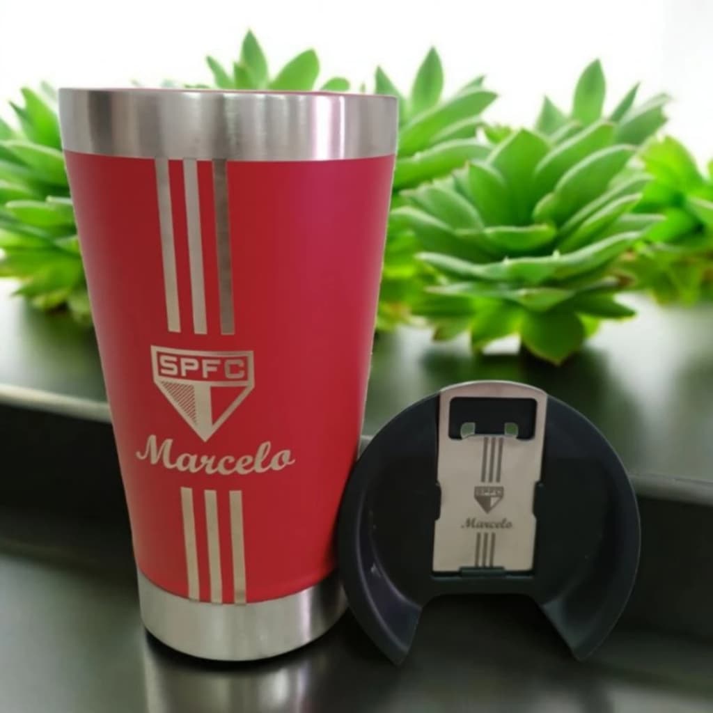 Copo Do São Paulo Tricolor Paulista  Preto Personalizado Com Tampa Abridor 473ml