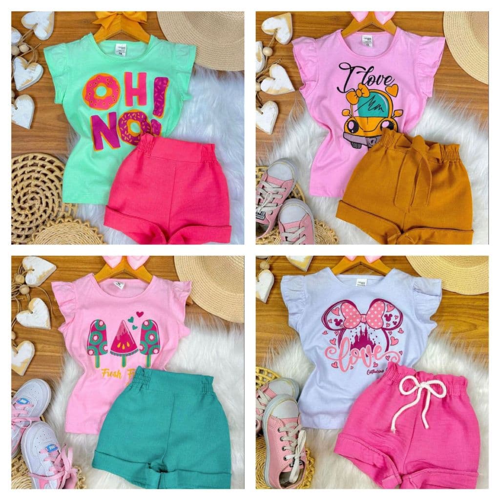Kit 8 Peças Roupa Infantil Menina Conjunto Verão Estampado SORTIDOS Camiseta/Regata + Shorts