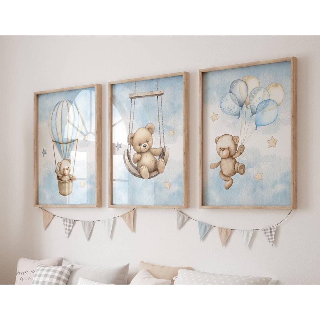 Kit 3 Quadros Decorativos Ursinho Azul Balões Infantil com Moldura Quarto Menino Bebê