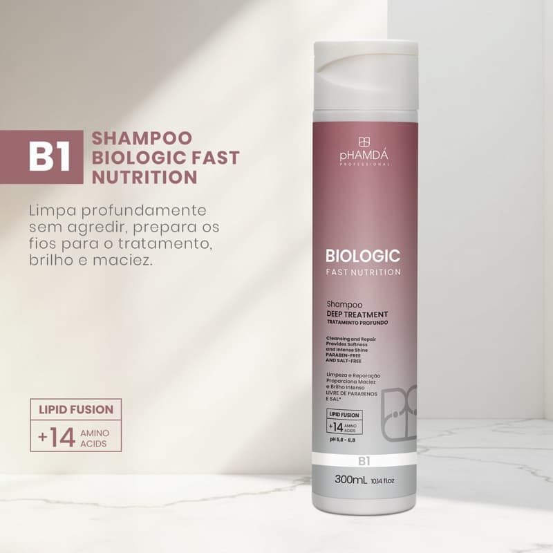 Shampoo Profissional pHAMDÁ Biologic Fast Nutrition B1 300ml  Tratamento Profundo  Sem Sal Lipid Fusion +14 Aminoácidos