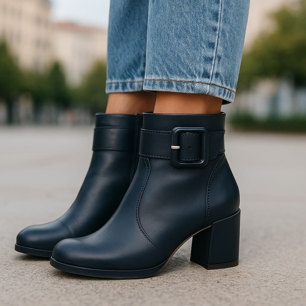 Bota Feminina Salto Bloco Com Fechamento Ziper e Enfeite Fivela de Bico Quadrado Salto Grosso Moderna e Estilosa