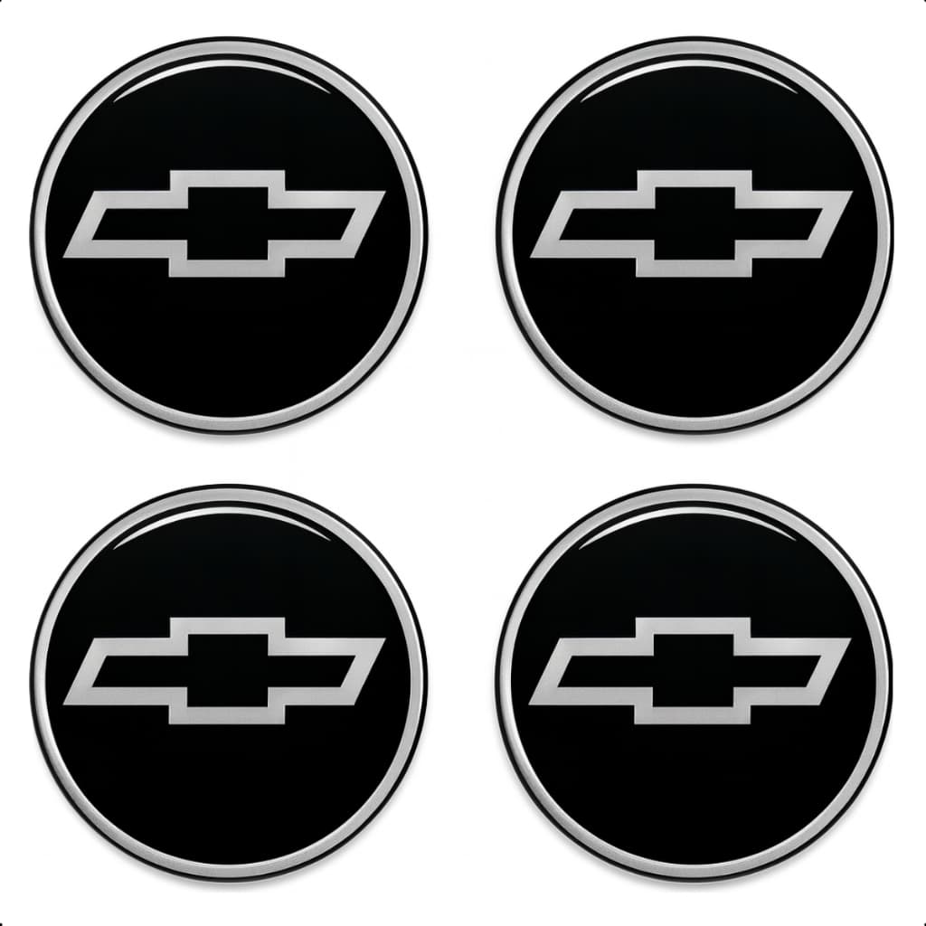 Jogo 4 Peças Emblemas Botons Adesivos Resinados Chevrolet Preto Carro Calotas e Rodas 48mm