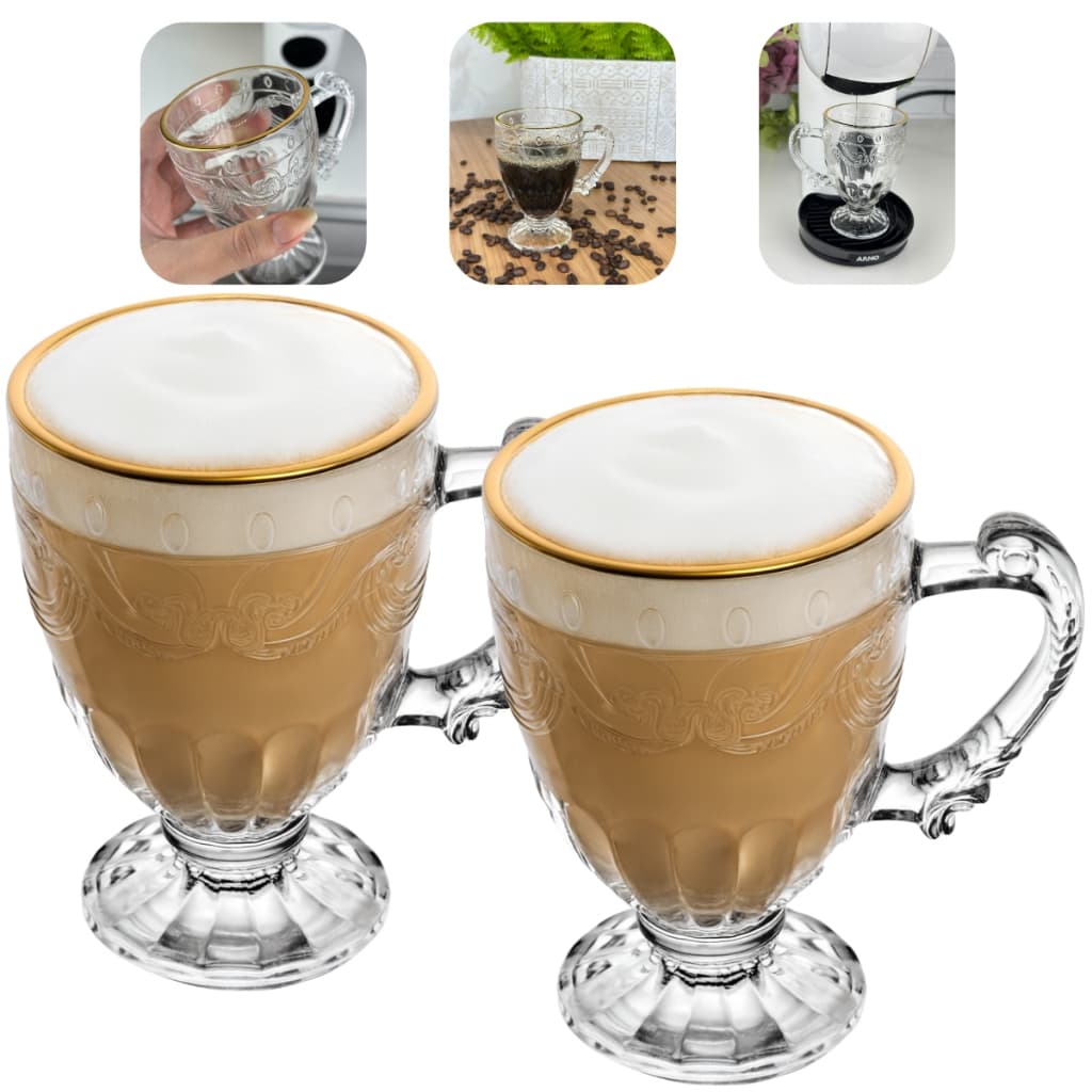 Jogo 2 Xícaras Canecas De Cristal Cappucino 190ml Fio De Ouro Café Chá Luxo Lyor