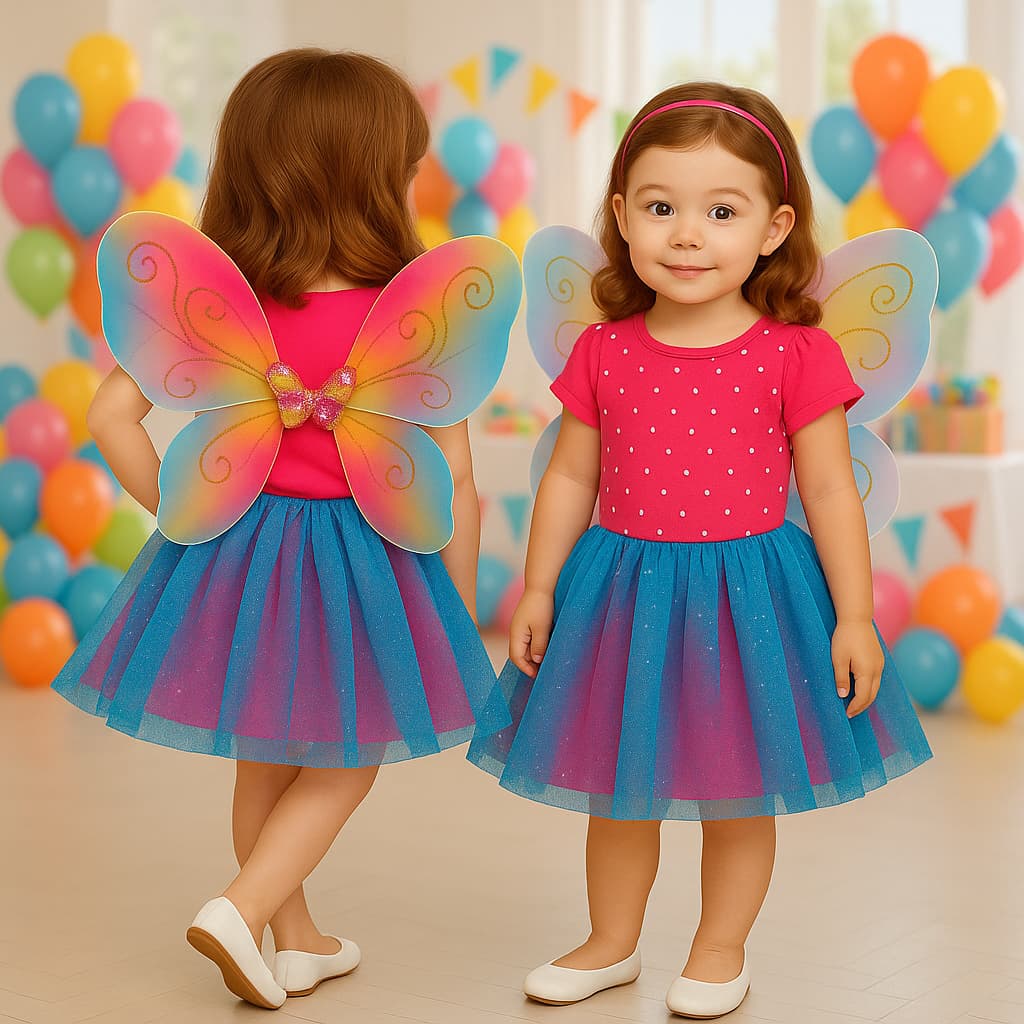 Fantasia Infantil Menina Fada Borboleta Colorida Completa Com Asa, Saia Tule e Blusa 4 ao 8 Anos