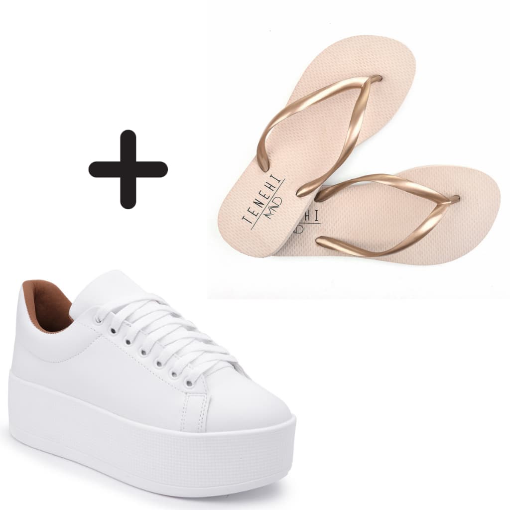 Kit Tênis Feminino + Chinelo Tenis Plataforma Branco Confortável + Chinelo de dedo