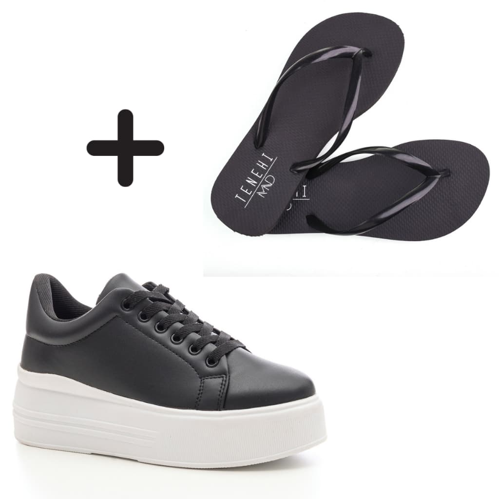 Kit Tênis Preto + Chinelo Tenis Feminino Plataforma Casual Preto Confortável + Chinelo de Dedo