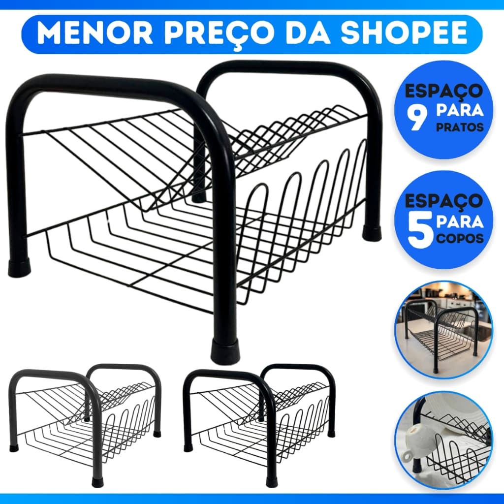 Escorredor De Louça Duplo Preto Compacto Eficiente Cozinha Pia Pratos Copos Talheres Organizador