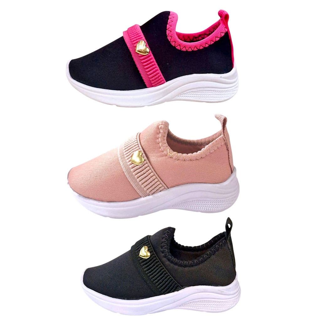 KIT 3 Pares Tênis Calce Fácil  Feminino Infantil com Elástico Pingente Coração <3 Lindo Confortável