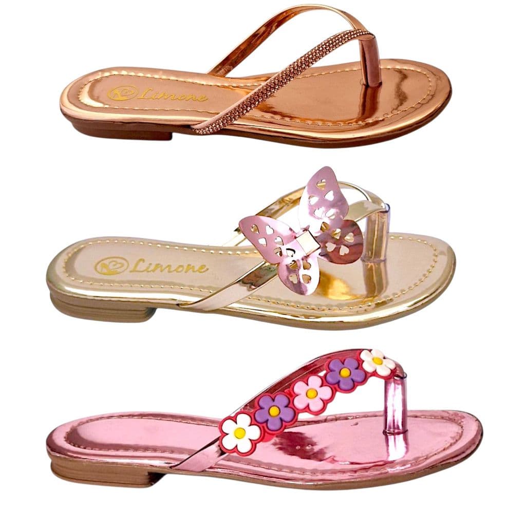 KIT 3 Pares Rasteira Flat Feminina Infantil Meninas de dedo com Brilho, Borboleta e Flor Delicada