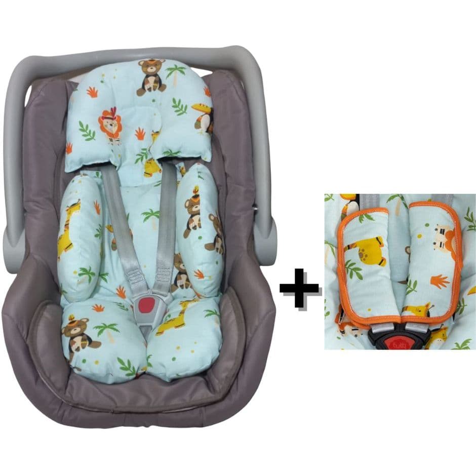 Colchonete Bebê Conforto Estampado Acolchoado 100% Algodão Apoio Redutor Carrinho Bebê Conforto + 2 Protetores de Cinto